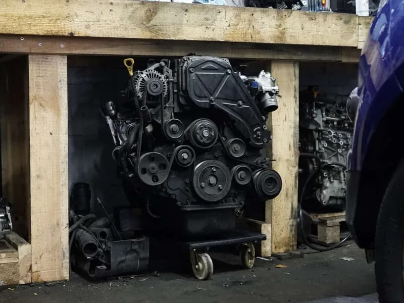 Ausgebauter Motor auf dem Werkstattwagen